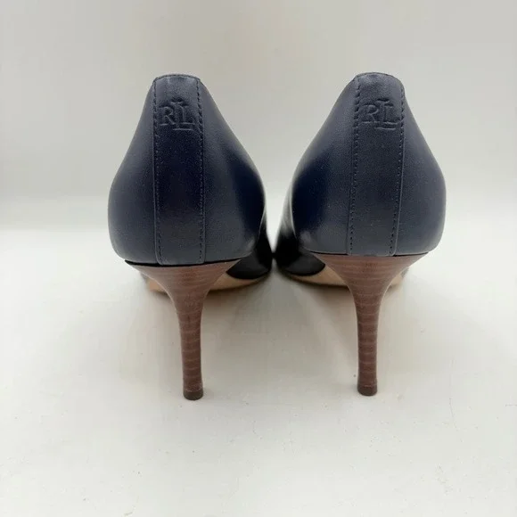 Lauren Ralph Lauren Lanette Navy Blue Leather Pointed Toe Kitten Heel Pumps 9.5 - Picture 4 of 10